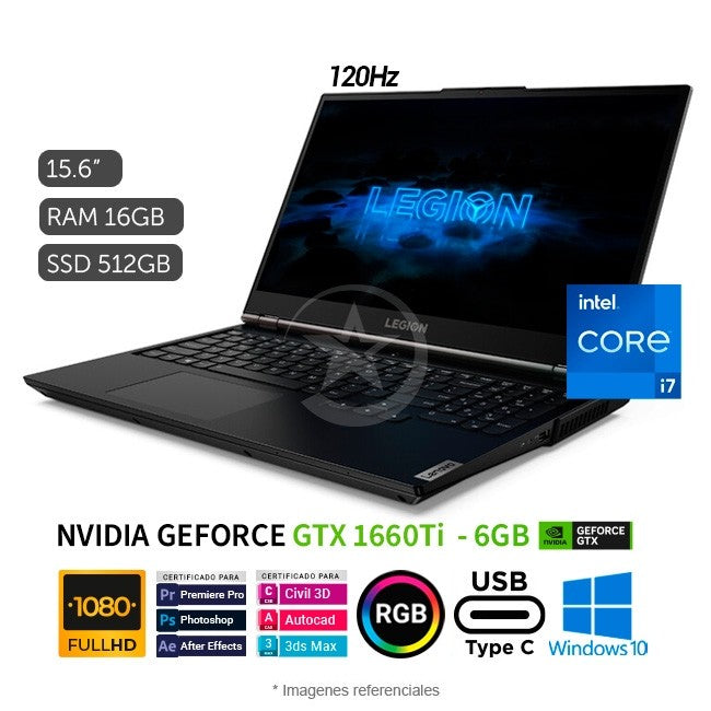 Laptop Lenovo Legion 5 15IMH05H Gaming, Intel Core i7-10750H 2.6GHz, RAM 16GB, SSD 512GB, Video 6GB GTX 1660Ti, LED 15.6" Full HD a 120Hz, Windows 10 Home