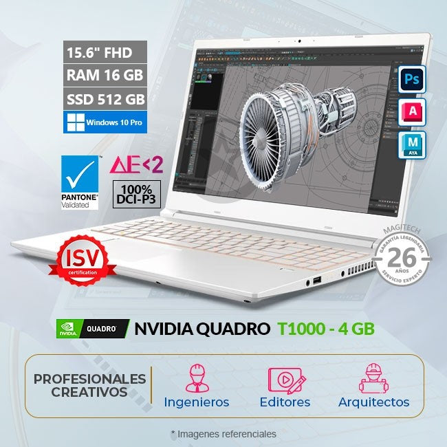Laptop ACER Workstation ConceptD 3 Creator Core i5-9300H 2.4GHz, RAM 16GB, SSD 512GB, Gráfico 4GB NVIDIA Quadro T1000, LED 15.6" FHD 100% DCI-P3, W10 Pro (Ingeniería y Arquitectura)