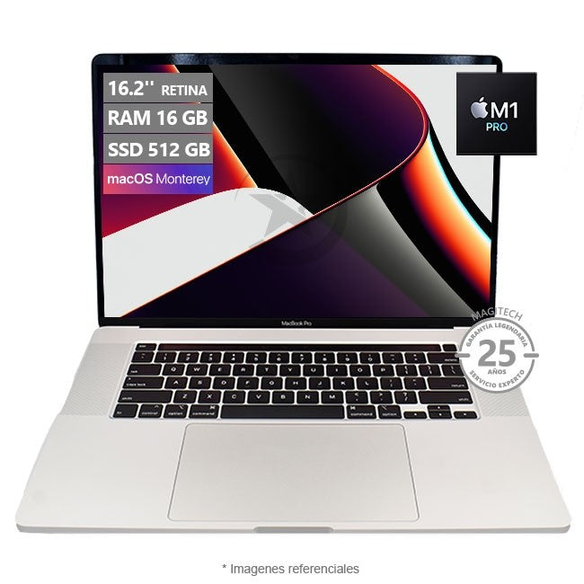 Laptop Apple MacBook Pro, M1 Pro (10 Núcleos), RAM 16GB, SSD 512GB, GPU con Motor neuronal de 16 núcleos, Pantalla Liquid Retina XDR de 16.2'' True Tone, MacOS