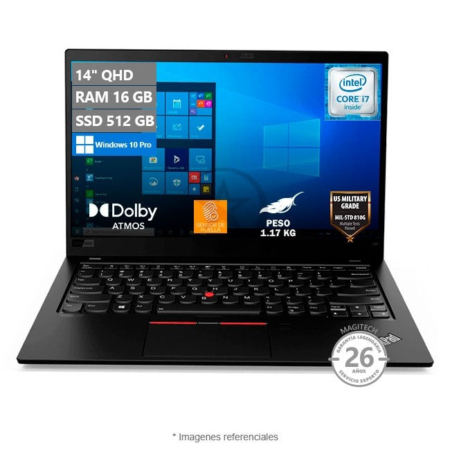 Laptop Lenovo ThinkPad X1 Carbon, Intel Core i7-8650U Hasta 4.2 GHz/ RAM 16GB/ SSD 512GB/ LED 14" QHD 2K/ W10Pro