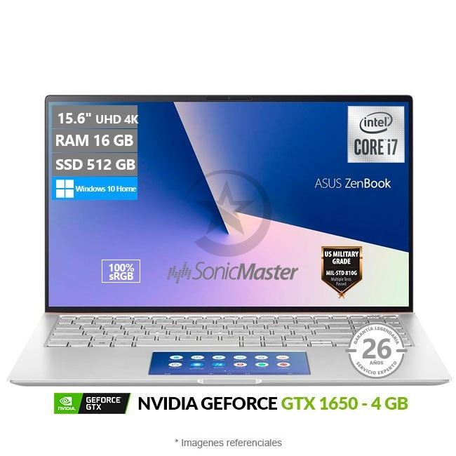 Laptop Asus ZenBook 15 UX534FTC, Intel Core i7-10510U Hasta 4.9 GHz, RAM 16GB, SSD 512GB, 4 GB NVIDIA GTX 1650, LED 15.6" UHD 4K + Screenpad, Windows 10 Home
