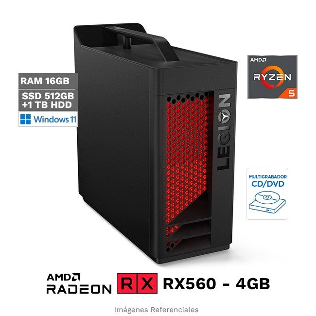 PC Lenovo Legion T530-28APR Gaming, AMD Ryzen 5 3400G 3.7GHz, RAM 16GB, HDD 1TB + Sólido SSD 512GB PCIe, Video 4 GB AMD Radeon RX560, DVD, Windows 11 Home