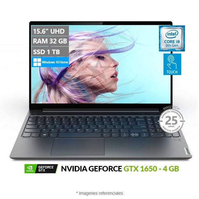 Laptop Lenovo IdeaPad S740-15IRH, Intel Core i9-9880H 2.3 GHz, RAM 32GB, SSD 1TB, Video 4GB NVIDIA GeForce GTX 1650, Pantalla táctil 15.6" UHD 4K, Windows 10 Home