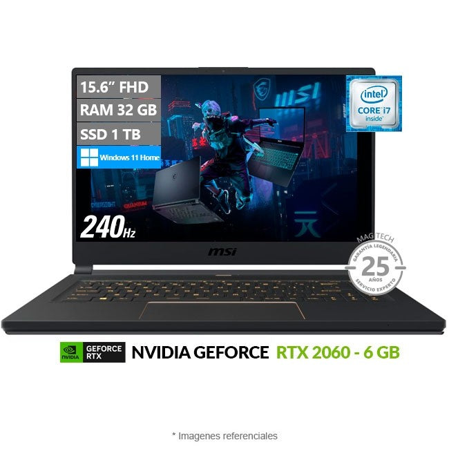 Laptop MSI GS65 Stealth Gaming, Core i7-9750H 2.6GHz, RAM 32GB, SSD 1TB, Video 6GB Nvidia RTX 2060, LED 15.6" Full HD a 240Hz, Windows 11 Home