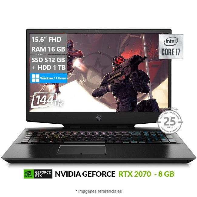 Laptop HP Omen 15-DH1065 Gaming, Intel Core i7-10750H 2.6GHz, RAM 16GB, SSD 512GB + HDD 1TB, Video 8GB NVIDIA RTX 2070, LED 15.6" Full-HD a 144Hz, Windows 11 Home