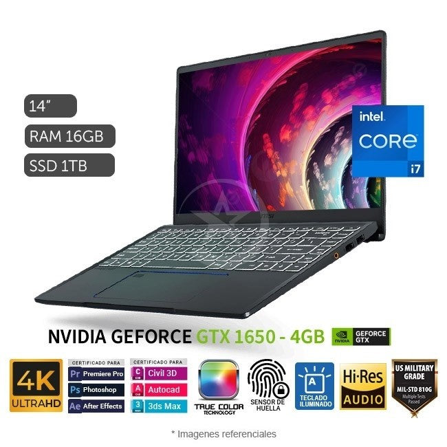 Laptop MSI Prestige 14 A10SC Creator Ultrabook, Intel Core i7-10710U Hasta 4.7GHz, RAM 16GB, SSD 1TB, Video 4GB Nvidia GTX 1650, LED 14" UHD 4K, Windows 11 Pro