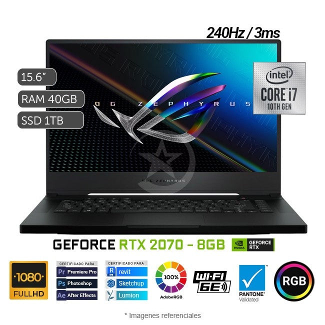 Laptop ASUS ROG Zephyrus M15 (GU502LW) Gaming, Core i7-10750H Hasta 5.0 GHz, RAM 40GB, SSD 1TB, Video 8GB NVIDIA RTX 2070, LED 15.6" Full HD a 240Hz, 100% sRGB, Windows 10 Home