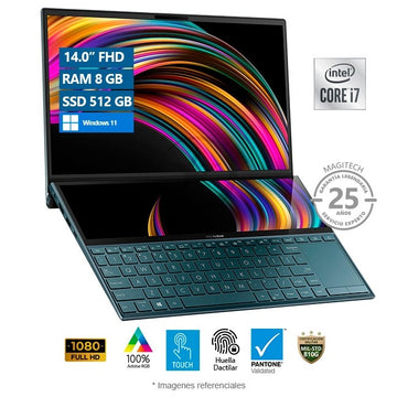Laptop Asus ZenBook Duo 14 UX481FA, Core i7-10510U Hasta 4.9 GHz, RAM 8GB, SSD 512GB, Dos Pantallas: LED 14" FHD Touch 100% sRGB + ScreePad Plus 12.6", Windows 11 Home