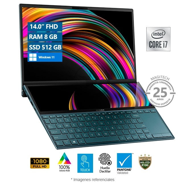 Laptop Asus ZenBook Duo 14 UX481FA, Core i7-10510U Hasta 4.9 GHz, RAM 8GB, SSD 512GB, Dos Pantallas: LED 14" FHD Touch 100% sRGB + ScreePad Plus 12.6", Windows 11 Home