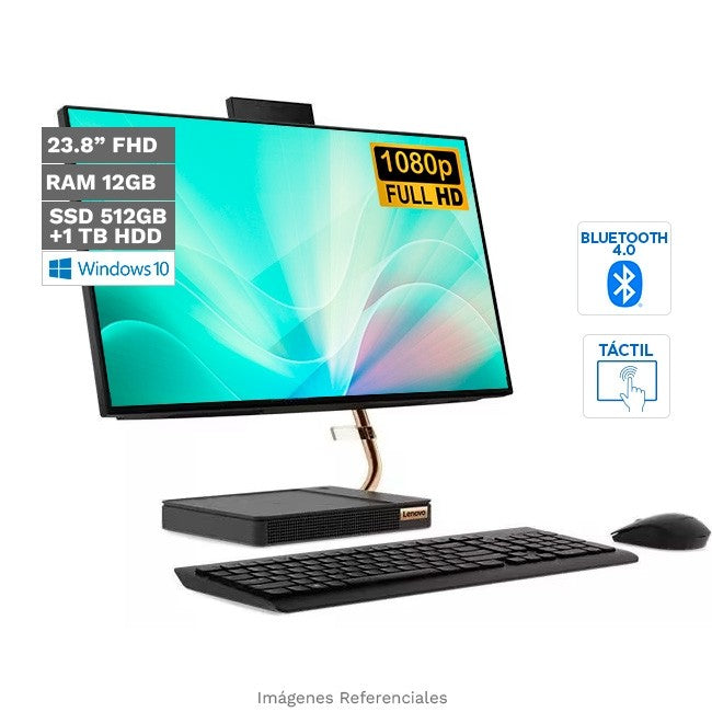 PC Lenovo Todo en Uno IdeaCentre A540 (24"), Intel Core i5-9400T Hasta 3.4 GHz, RAM 12GB, SSD 256GB + HDD 1TB, LED 23.8" Full HD Táctil, Windows 10 Home