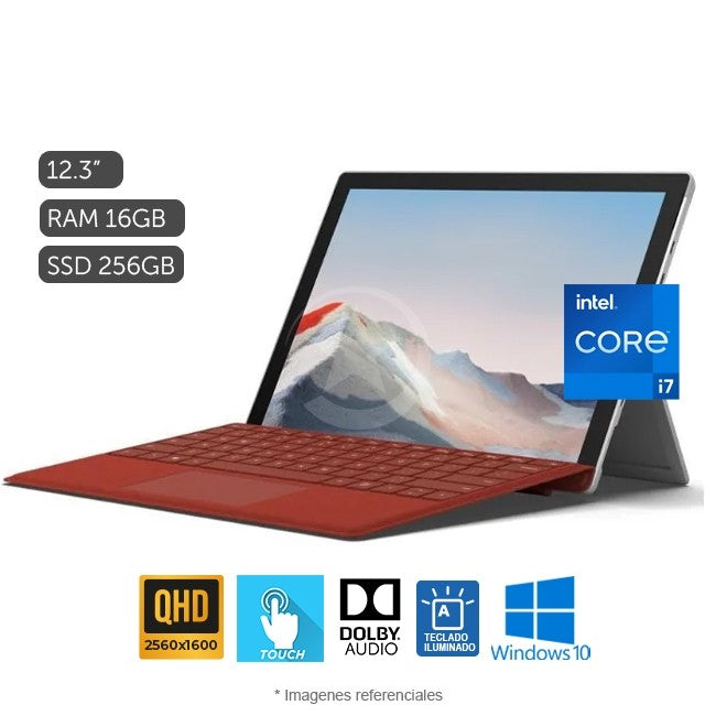 Combo-Tablet Microsoft Surface Pro 7, Intel Core i7-1065G7 Hasta 3.9 GHz, RAM 16GB, SSD 256GB, 2 Cámaras web, LED 12.3" QHD Touch, Windows 10 Home + Cover Teclado