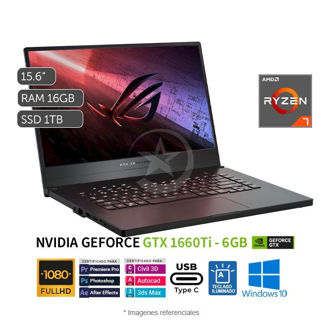 Laptop Asus ROG ZEPHYRUS G GA502DU Gaming, AMD Ryzen 7-3750H 2.3GHz, RAM 16GB, SSD 512GB, Video 6GB Nvidia GTX 1660TI Max-Q, LED 15.6" Full HD, Windows 10 Home