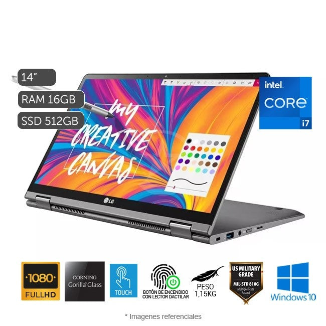 Convertible LG Gram 14 Ultra-Lightweight 2-en-1, Intel Core i7-10510U Hasta 4.9 GHz, RAM 16GB, SSD 512GB, LED 14" Full HD Touch 96% sRGB, Windows 11 Home + Lápiz Stylus