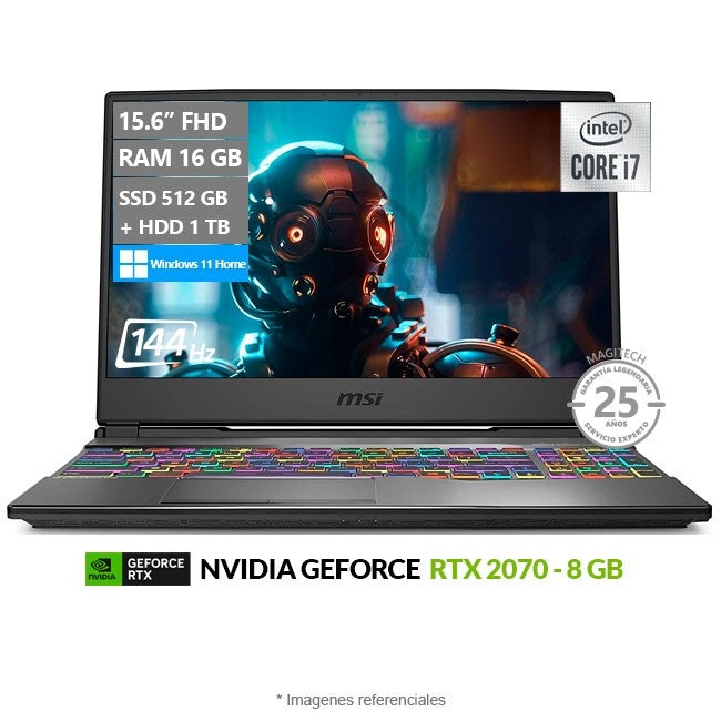 Laptop MSI GP65 Leopard 10SFK Gaming, Intel Core i7-10750H Hasta 5.0 GHz, RAM 32GB, SSD 512GB + HDD 1TB, Video 8GB NVIDIA GeForce RTX 2070, LED 15.6" FHD a 144Hz, Windows 11 Home