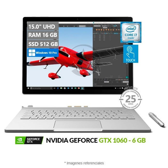 Convertible Microsoft Surface Book 2 (15"), Core i7-8650U Hasta 4.2 GHz, RAM 16GB, SSD 512GB, Video 6GB NVIDIA GTX 1060, Pantalla desmontable de 15.0" UHD 4K Táctil, Windows 10 Pro