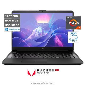 Laptop HP 15-GW0013LA, AMD Ryzen 7 3700U 2.3 GHz, RAM 16GB, SSD 512GB, LED 15.6" Full HD, Windows 10 Home