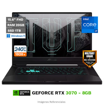 Laptop Asus TUF Dash F15 FX516PR Gaming, Intel Core i7-11370H Hasta 4.8 GHz, RAM 16GB, SSD 1TB, Video 8GB Nvidia RTX 3070, LED 15.6" Full HD 240Hz, Windows 11 Home