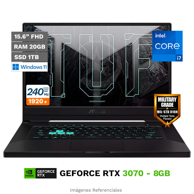 Laptop Asus TUF Dash F15 FX516PR Gaming, Intel Core i7-11370H Hasta 4.8 GHz, RAM 40GB, SSD 1TB, Video 8GB Nvidia RTX 3070, LED 15.6" Full HD 240Hz, Windows 11 Home