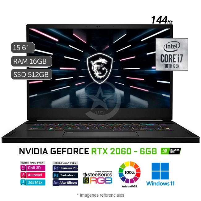 Laptop MSI Stealth GS66 10SF Gaming, Core i7-10750H 2.6GHz, RAM 16GB, SSD 1TB, Video 6GB NVIDIA GeForce RTX 2060, LED 15.6" FHD a 240Hz, Windows 11 Pro (Laptop Gaming Premium)