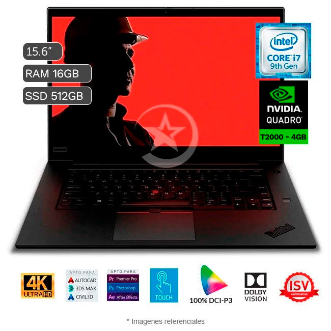 Laptop Lenovo Workstation ThinkPad P1 Gen, Core i7-9850H 2.6 GHz, RAM 16GB, SSD 512GB, Video 4 GB Nvidia Quadro T2000, OLED 15.6" UHD 4K Táctil, Windows 10 Pro