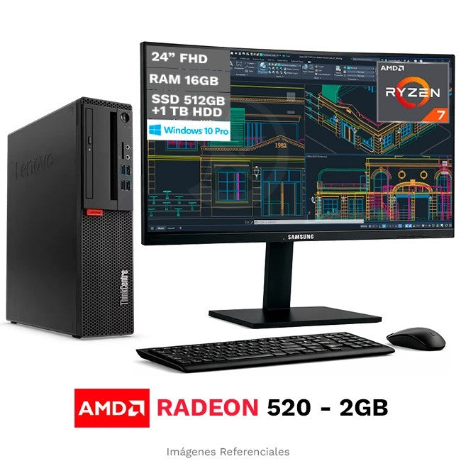 Combo-PC Lenovo ThinkCentre M75s SFF, AMD Ryzen 7 Pro 3700 Hasta 4.4 GHz, RAM 16GB, SSD 512 GB + HDD 1TB, 2GB AMD Radeon 520, DVD-RW, Windows 10 Pro + Monitor de 24''