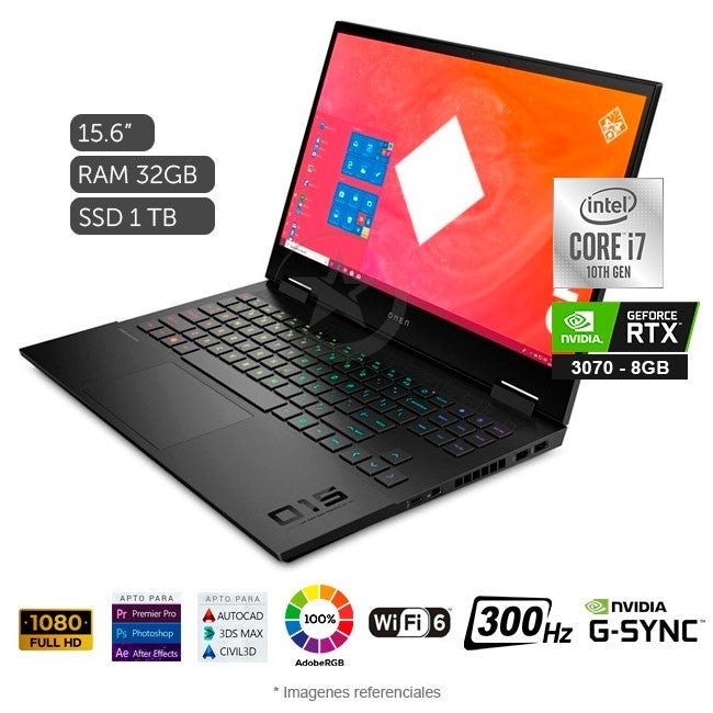 Laptop HP Omen 15-EK1013UP Gaming, Intel Core i7-10750H 2.6GHz, RAM 32GB, SSD 1TB, Video 8GB Nvidia RTX 3070, LED 15.6" Full HD G-Sync a 300Hz, Windows 10 Home