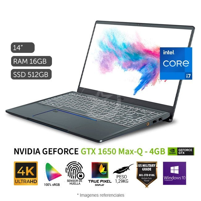 Laptop MSI Prestige 14 A10SC Studio-Creator, Intel Core i7-10510U Hasta 4.7 GHz, RAM 16GB, SSD 512GB, Video 4GB Nvidia GTX 1650 Max-Q, LED 14" UHD 4K 100% RGB, Windows 10 Pro