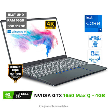 Laptop MSI Prestige 14 A10SC Studio-Creator, Intel Core i7-10510U Hasta 4.7 GHz, RAM 16GB, SSD 512GB, Video 4GB Nvidia GTX 1650 Max-Q, LED 14" UHD 4K 100% RGB, Windows 10 Pro