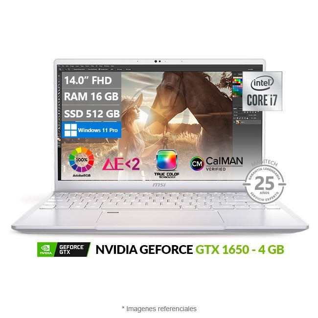 Laptop MSI Prestige 14 A10SC Creator Ultrabook, Intel Core i7-10710U hasta 4.7GHz, RAM 16GB, SSD 512GB, Video 4GB NVIDIA GTX 1650, LED 14" FHD, Windows 11 Pro