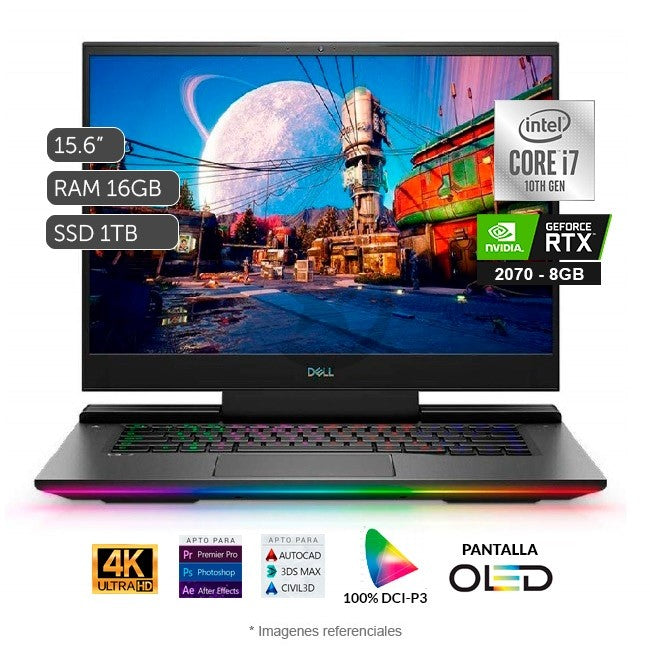 Laptop Dell G7 15-7500 Gaming, Core i7-10750H 2.6GHz, RAM 32GB, SSD 1TB, Video 8GB Nvidia RTX 2070 Max-Q, LED OLED 15.6" Ultra HD 4K 100% DCI-P3, Windows 11 Pro