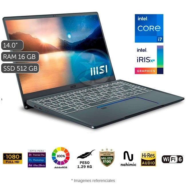 Ultrabook MSI Prestige 14 Evo A11M, Core i7-1185G7 Hasta 4.7 GHz, RAM 16GB, SSD 512GB, LED 14" FHD, Peso 1.2Kg, Windows 11 Home