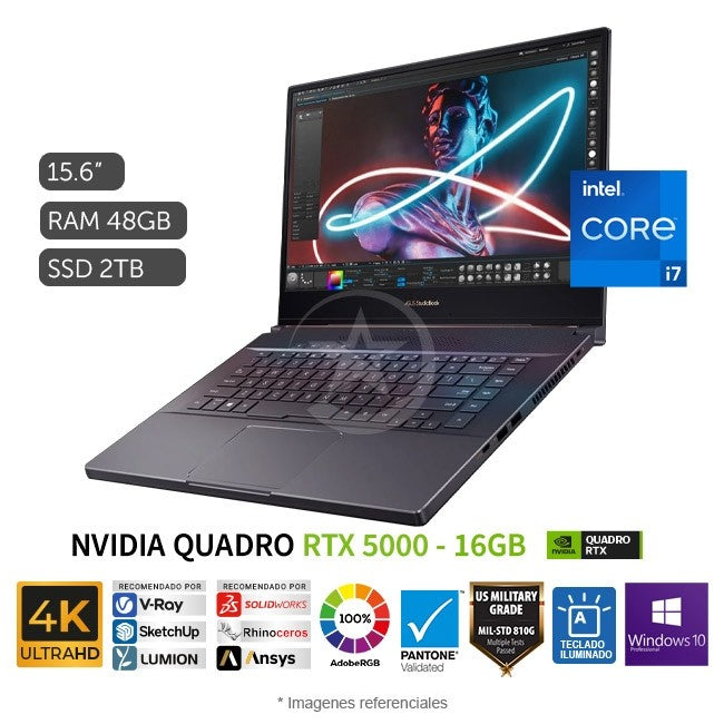 Laptop Asus Workstation ProArt StudioBook Pro 15 W500G5T, Core i7-9750H 2.6 GHz, RAM 48GB, SSD 2TB, Video 16GB NVIDIA Quadro RTX 5000, LED 15.6" UHD 4K , Windows 10 Pro (Creators Edition)