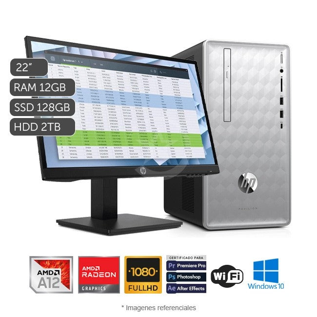 Combo-PC HP Pavilion 590-P0109, AMD A12-9800 3.8GHz, RAM 12GB, SSD 128GB + HDD 2TB, Wi-Fi, DVD-RW, Windows 10 Home + Monitor 22''