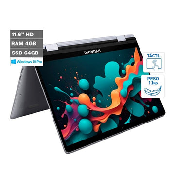 Convertible Hyundai HyFlip 2-en-1, Intel Celeron N3350 Hasta 2.4 GHz, RAM 4GB, SSD 64GB, LED 11.6" HD, Windows 10 Pro. Peso 1.1 Kg