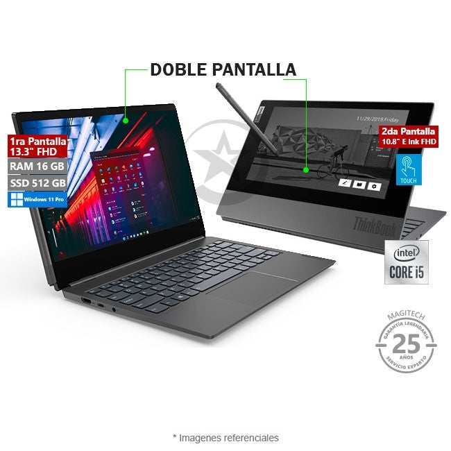 Laptop Lenovo ThinkBook Plus ( 13.3") Doble Pantalla, Core i5-10210U hasta 4.0 GHz, RAM 16GB, SSD 512GB, LED 13.3" Full HD + 2da Pantalla 10.8" E Ink Full HD Touch, Windows 11 Pro SP