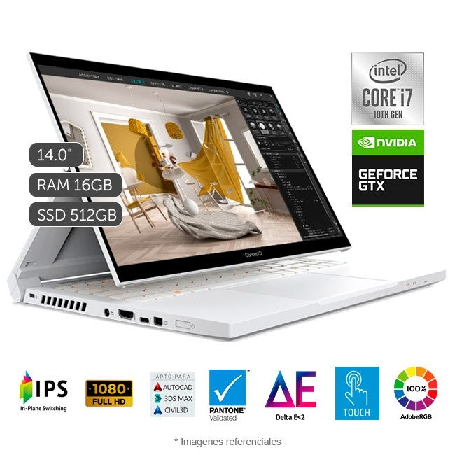 Convertible ACER ConceptD 3 Ezel Pro, Core i7-10750H 2.6GHz, RAM 16GB, SSD 512GB, Video 6GB Nvidia GTX 1650 Ti Max-Q, LED 14" Full HD Touch 100% sRGB, Windows 10 Pro