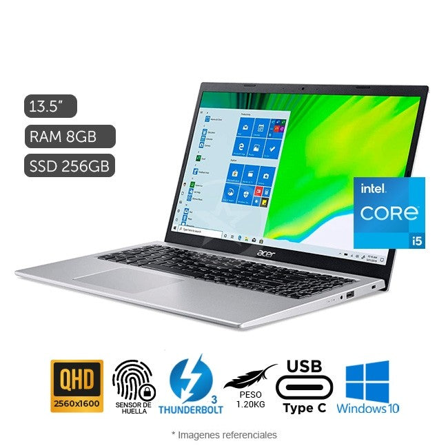 Laptop ACER Swift 3 SF313-52 Ultrabook, Core i5-1035G4 Hasta 3.7 GHz, RAM 8GB, SSD 256GB, Intel Iris Plus, LED 13.5" 2K, Windows 11 Pro, Peso 1.2 Kg