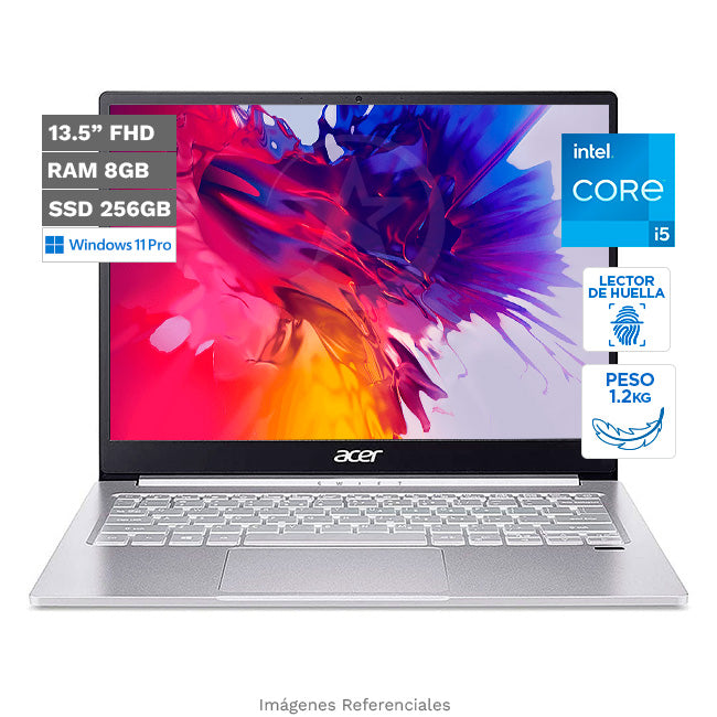 Laptop ACER Swift 3 SF313-52 Ultrabook, Core i5-1035G4 Hasta 3.7 GHz, RAM 8GB, SSD 256GB, Intel Iris Plus, LED 13.5" 2K, Windows 11 Pro, Peso 1.2 Kg
