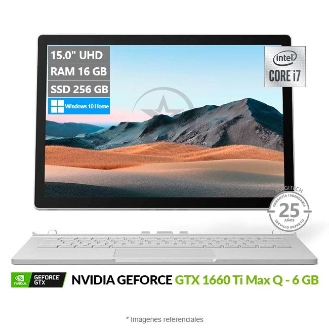 Convertible Microsoft Surface Book 3 (15"), Core i7-1065G7 hasta 3.9GHz, RAM 16GB, SSD 256GB, Video 6GB Nvidia GTX 1660 Ti Max-Q, Pantalla desmontable 15.0" UHD 4K Táctil, Windows 10 Home