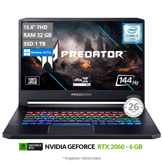 Laptop Acer Predator Triton 500 PT515-51 Pro Gaming, Core i7-9750H Hasta 4.5 GHz, RAM 32GB, SSD 1TB, 6GB NVIDIA RTX 2060, LED 15.6'' FHD a 144Hz, Windows 10 Pro
