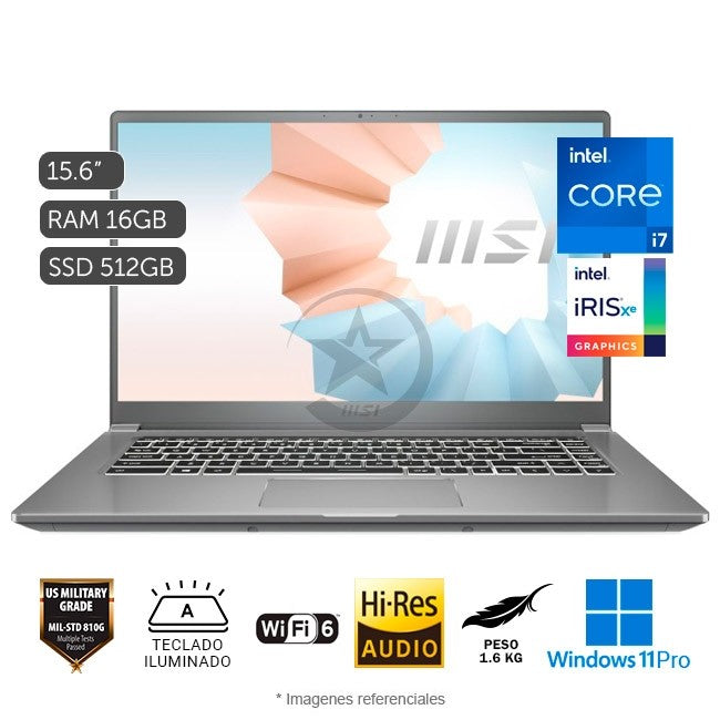 Laptop MSI Modern 15 A11M (Premium), Intel Core i7-1195G7 Hasta 5.0 GHz, RAM 16GB, SSD 512GB, LED 15.6" FHD, Peso 1.6 Kg, Windows 11 Home