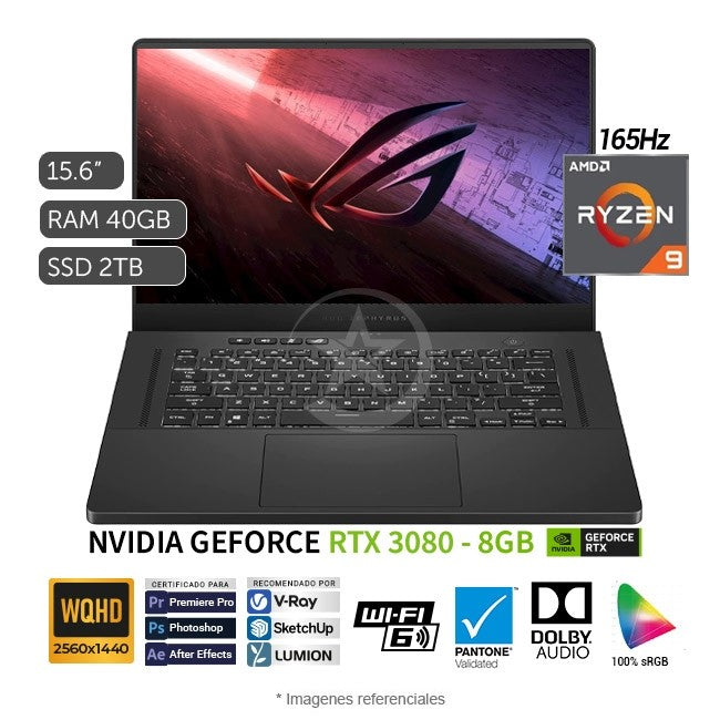 Laptop ASUS ROG Zephyrus G15 GA503QS-212 Gaming, AMD Ryzen 9 5900HS Hasta 4.6 GHz, RAM 40GB, SSD 2TB, Video 8 GB NVIDIA RTX 3080, LED 15.6" WQHD con 165Hz, 100% DCI-P3, Windows 11 Home
