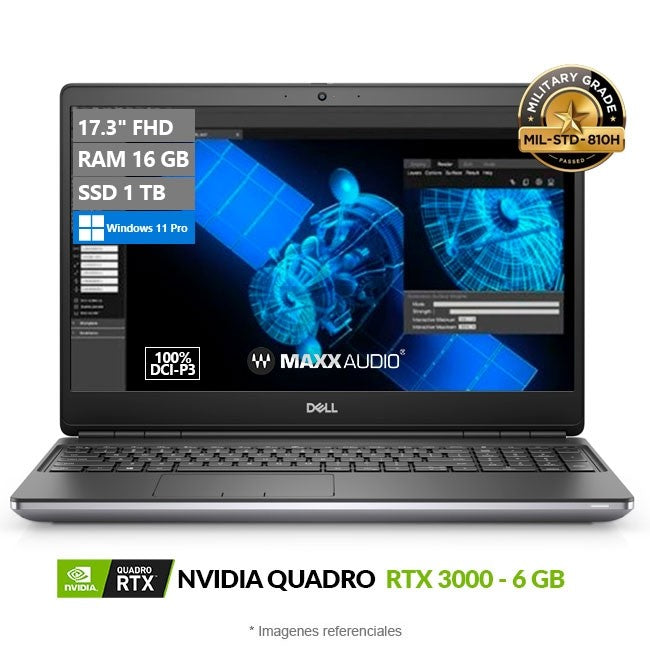 Laptop Dell WorkStation Precision 7750, Intel Core i7-10850H 2.7 GHz, RAM 16GB, SSD 512GB, Video 6GB Nvidia Quadro RTX 3000, LED 17.3" Full HD, Windows 11 Pro
