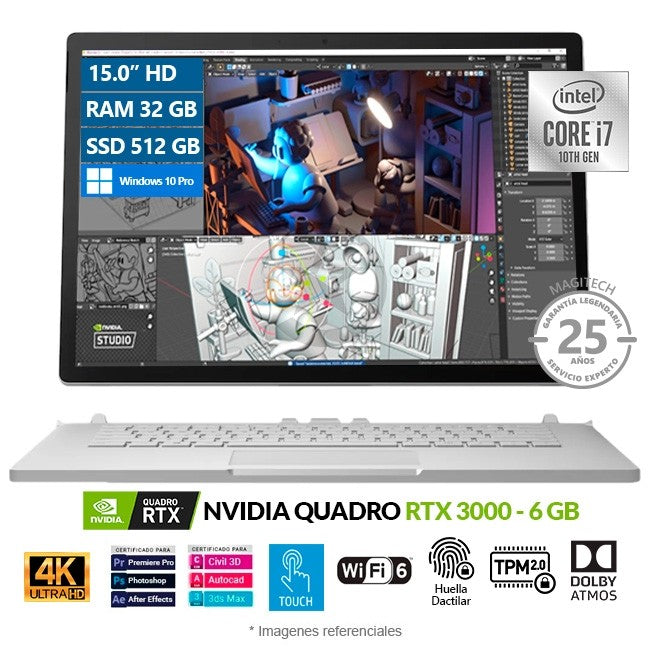Convertible Microsoft Surface Book 3 (15"), Core i7-1065G7 Hasta 3.9 GHz, RAM 32GB, SSD 512GB, Video 6GB NVIDIA Quadro RTX 3000, Pantalla desmontable 15.0" UHD 4K Táctil, Windows 11 Pro