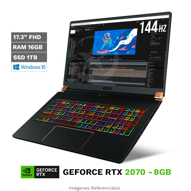 Laptop MSI GS75 Stealth Gaming, Intel Core i7-9750H 2.6GHz, RAM 16GB, Sólido 1TB PCIe, Video 8 GB Nvidia GeForce RTX 2070 Max-Q, LED 17.3" Full HD 144 Hz, Windows 10 Home
