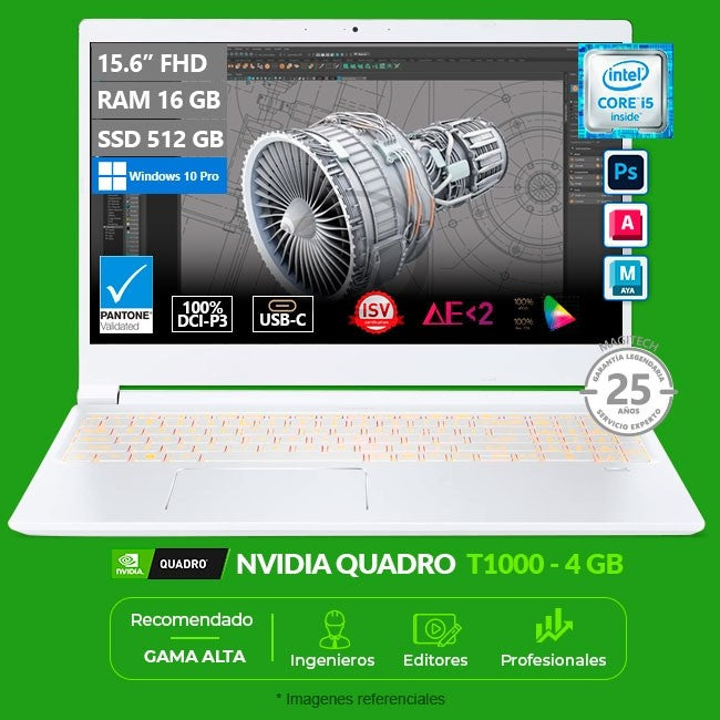 Laptop ACER Workstation ConceptD 3 Creator Core i5-9300H 2.4GHz, RAM 16GB, SSD 512GB, Gráfico 4GB NVIDIA Quadro T1000, LED 15.6" FHD 100% DCI-P3, W10 Pro (Ingeniería y Arquitectura)