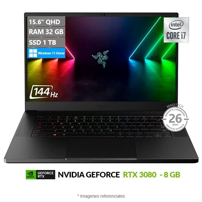 Laptop RAZER Blade 15 Gaming Deluxe, Core i7-10875H Hasta 5.0 GHz , RAM 32GB, SSD 1TB, Video 8GB NVIDIA GeForce RTX 3080, LED 15.6" 2K a 240 Hz, 100% Black Aluminum, Windows 11 Home