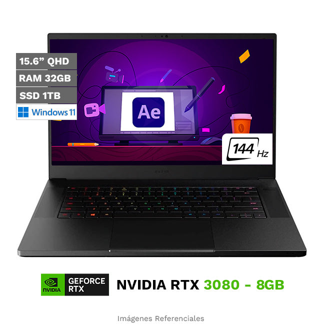 Laptop RAZER Blade 15 Gaming Deluxe, Core i7-10875H Hasta 5.0 GHz , RAM 32GB, SSD 1TB, Video 8GB NVIDIA GeForce RTX 3080, LED 15.6" 2K a 240 Hz, 100% Black Aluminum, Windows 11 Home
