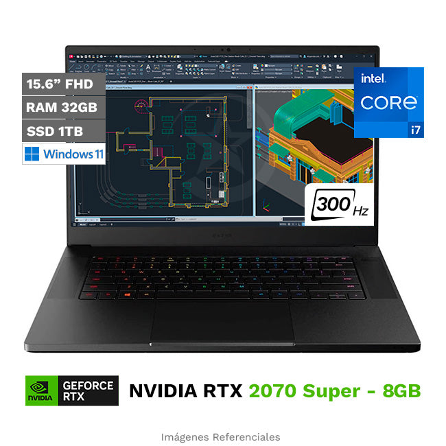 Laptop RAZER Blade 15 Gaming Deluxe, Core i7-10875H Hasta 5.0 GHz, RAM 32GB, SSD 1TB, Video 8GB NVIDIA GeForce RTX 2070, LED 15.6" Full HD a 300 Hz, 100% Black Aluminum, Windows 11 Home