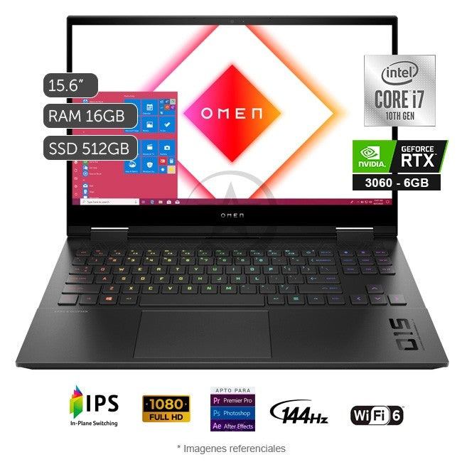 Laptop HP Omen 15-EK1097NR Gaming, Intel Core i7-10870H 2.2 GHz, RAM 16GB, SSD 512GB, Video 6GB Nvidia RTX 3060, LED 15.6" Full HD a 144Hz, Windows 11 Home